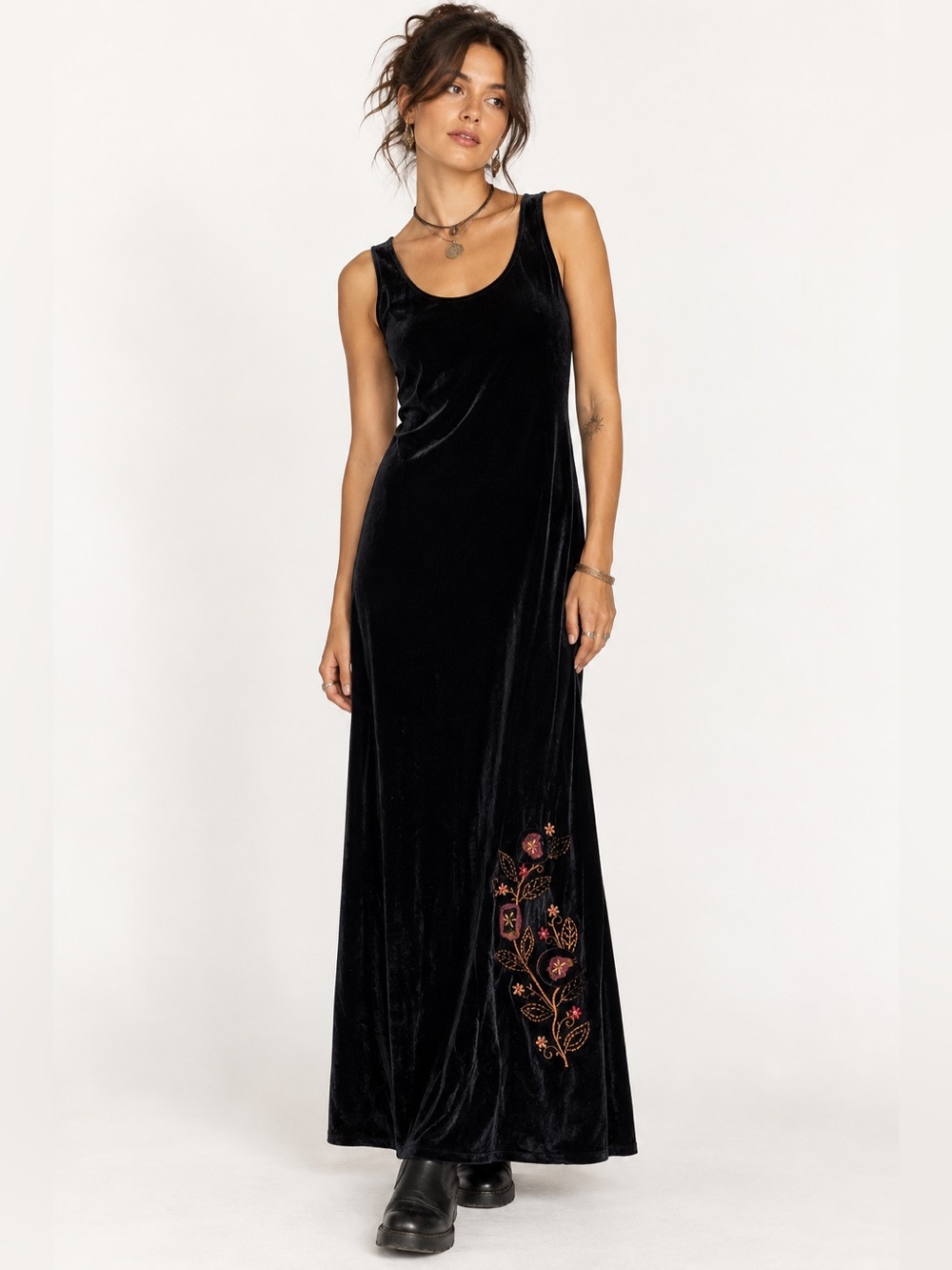Black‎ Burgundy Velvet Floral Embroidered Boho Whimsigoth Maxi Dress S Vintage
